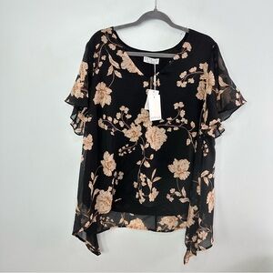 Estelle Size 2X/18W Viana Garden Top V-Neck Flowy Black With Tan Flowers NWT